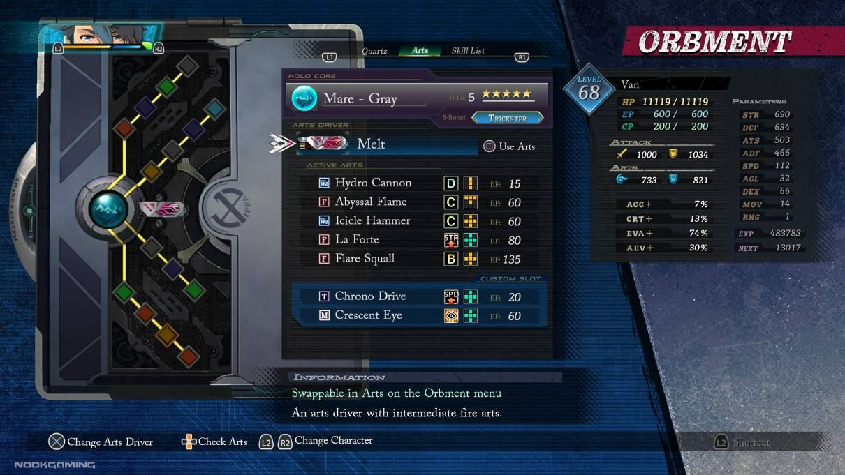 The new Orbment/Arts system in the menu