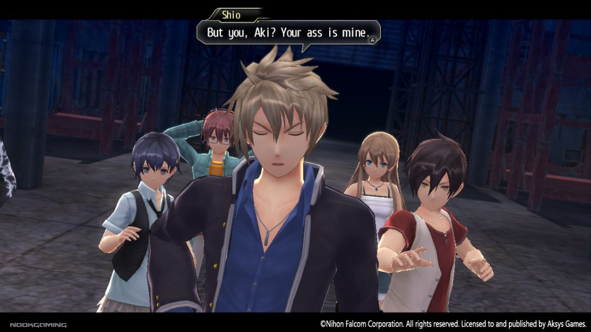 Shio and the main party of Tokyo Xanadu eX+ in a confrontation cutscene