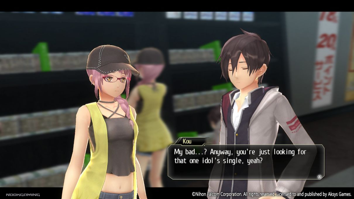 Kou talking to a disguised idol character in a store