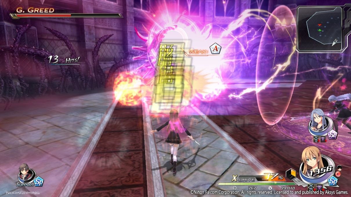 Asuka casting a ranged multihit spell against one of the bosses