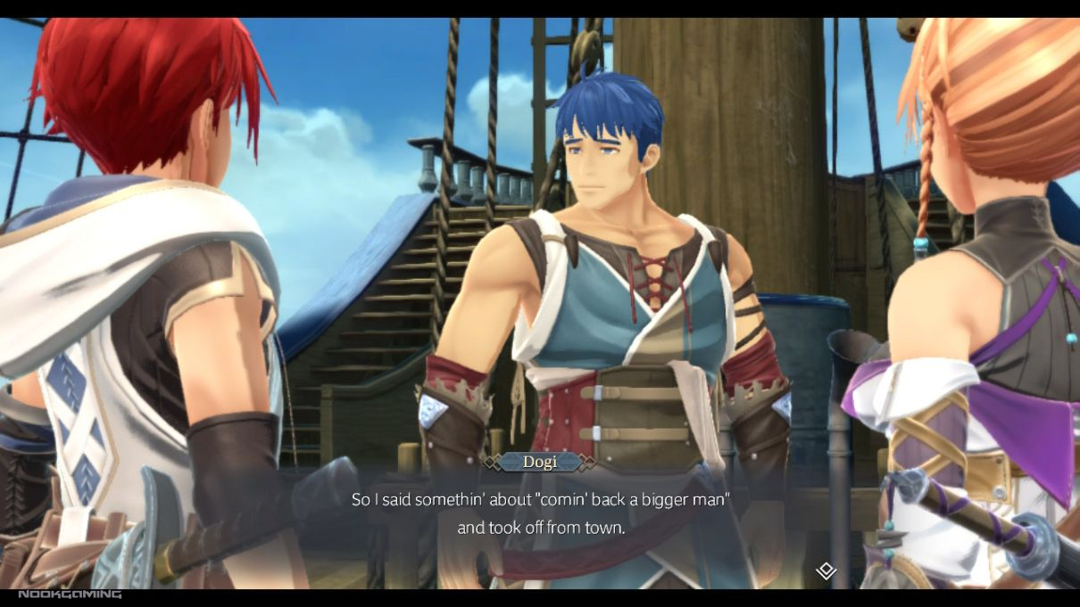 Dogi, Adol, and Karja chatting on a boat