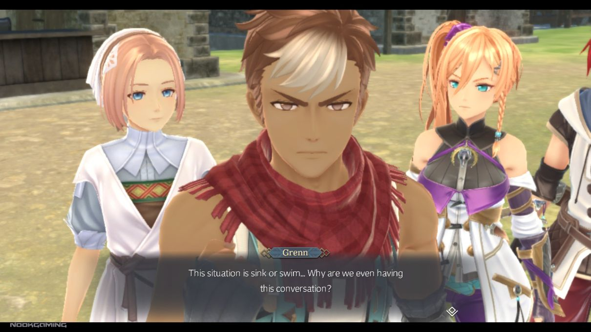 Grenn talking about a dire situation next to Adol and Karja