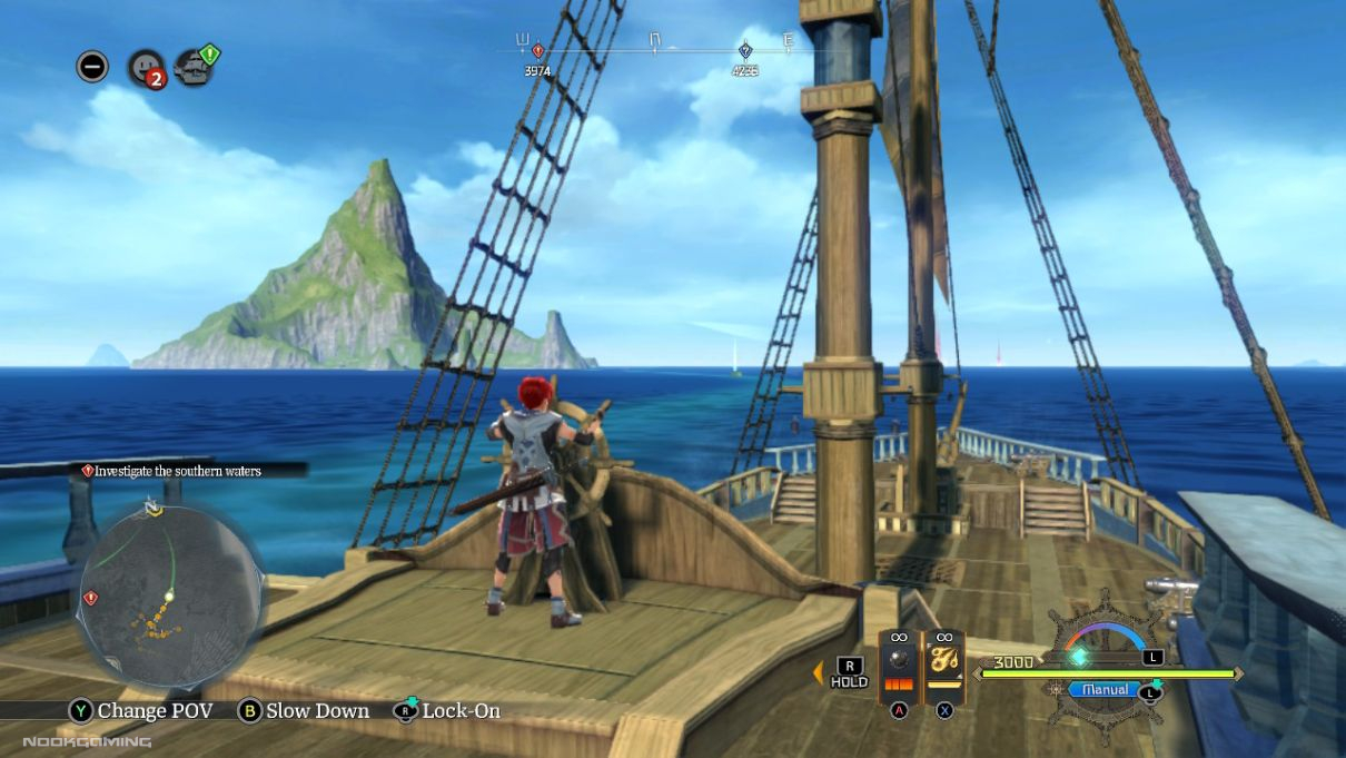 Adol steering the helm of the ship in Ys X: Nordics