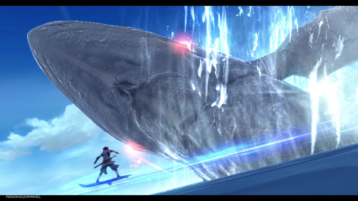 Adol witnessing a massive whale breach in Ys X: Nordics
