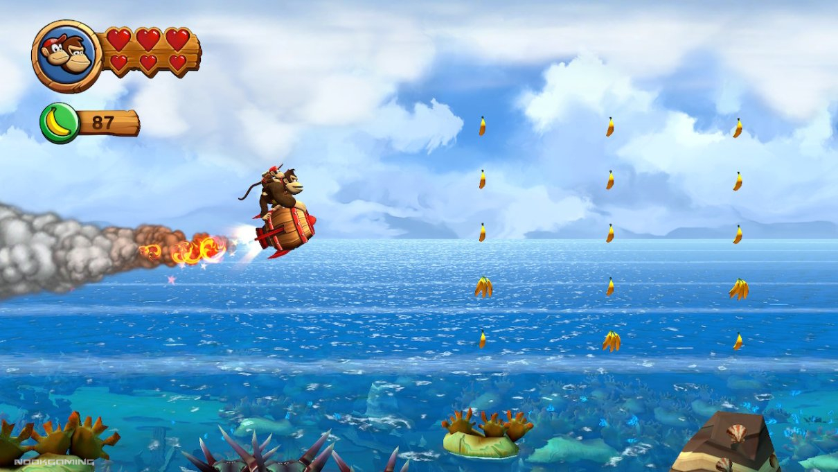 Riding a rocket on a seaside level in Donkey Kong Country Returns HD