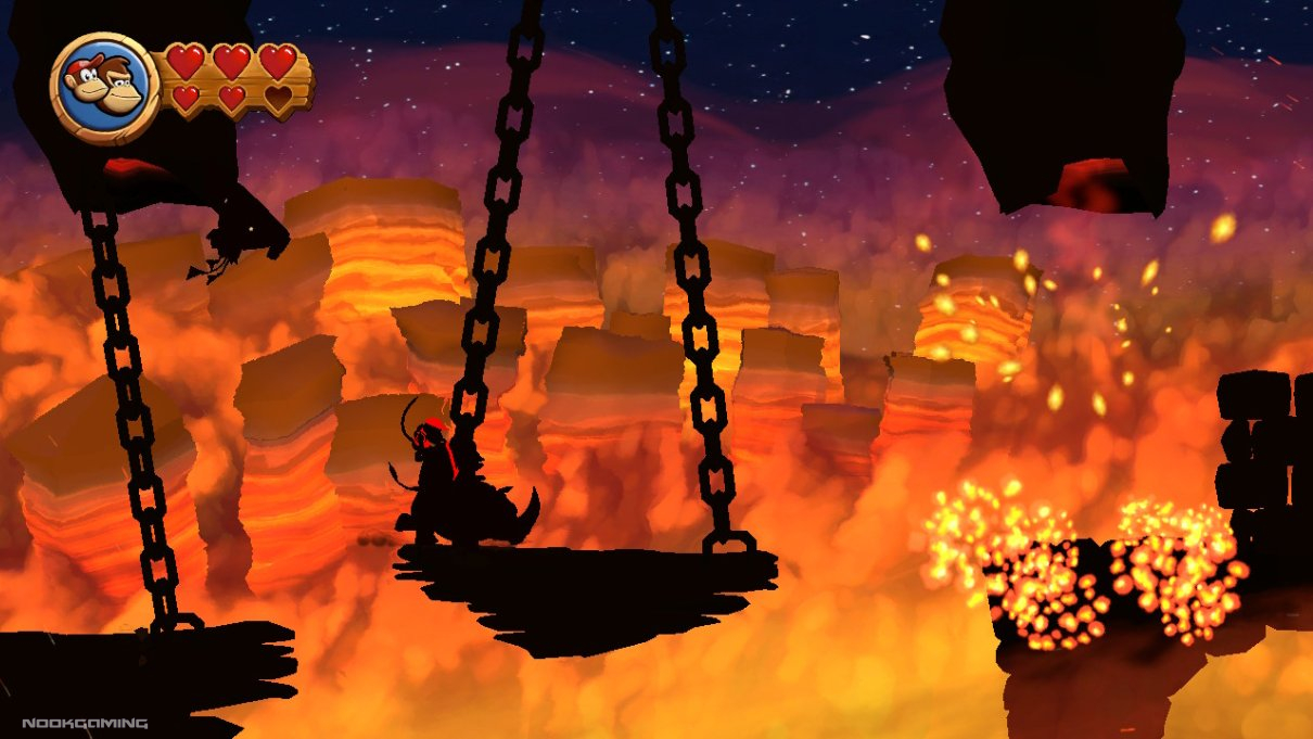 Riding Rambi the Rhino in a smoky volcano silhouette level