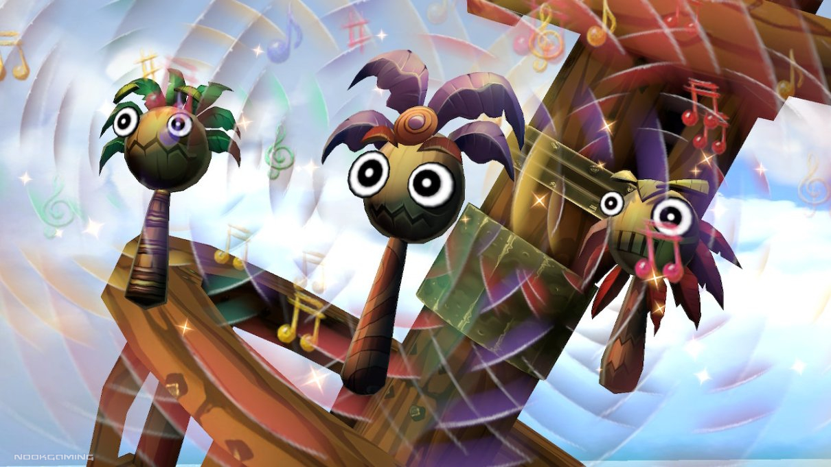 Musical note tiki boss with noticeably older looking models in Donkey Kong Country Returns HD