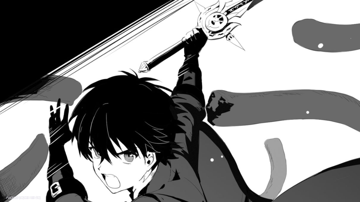 Kanata swinging his sword in Disciple of the Luch: Or How I was Cursed by the Gods and Dropped Into the Abyss!