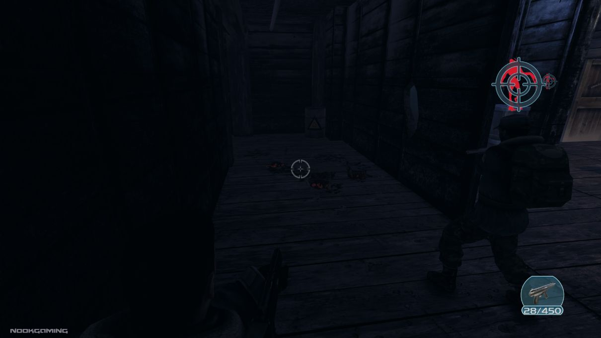 Aiming at the ground in a dark room