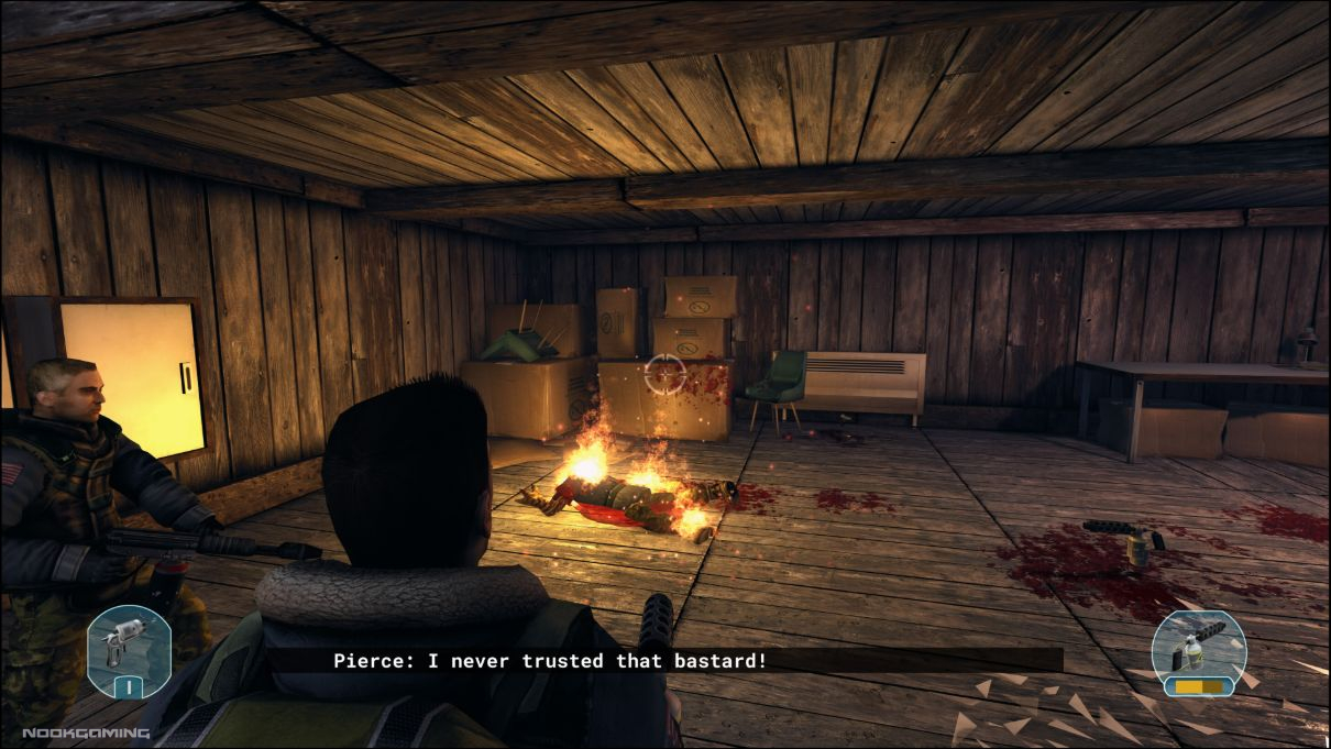 A burning Thing-infected corpse with a party member saying "I never trusted that bastard"