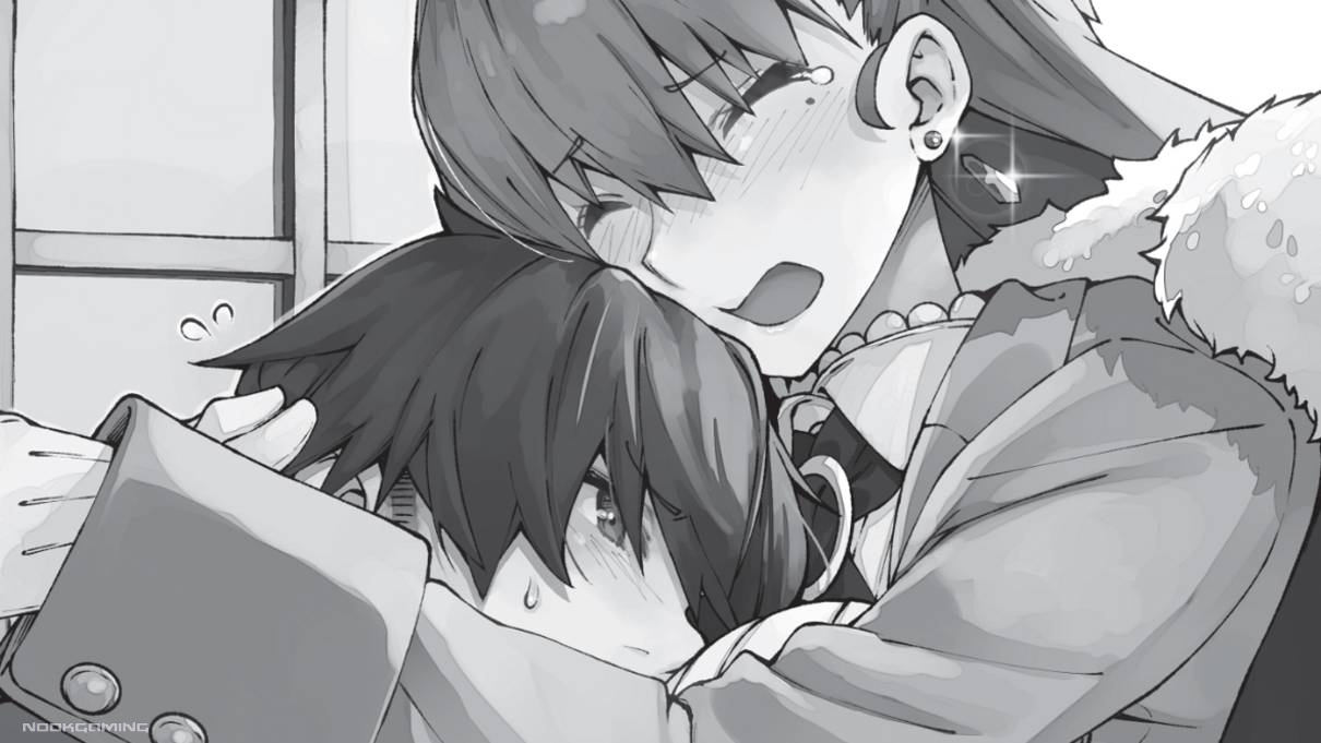 Shiro being suffocated by the mayor's ample chest in Peddler in Another World: I Can Go Back to My World Whenever I Want!