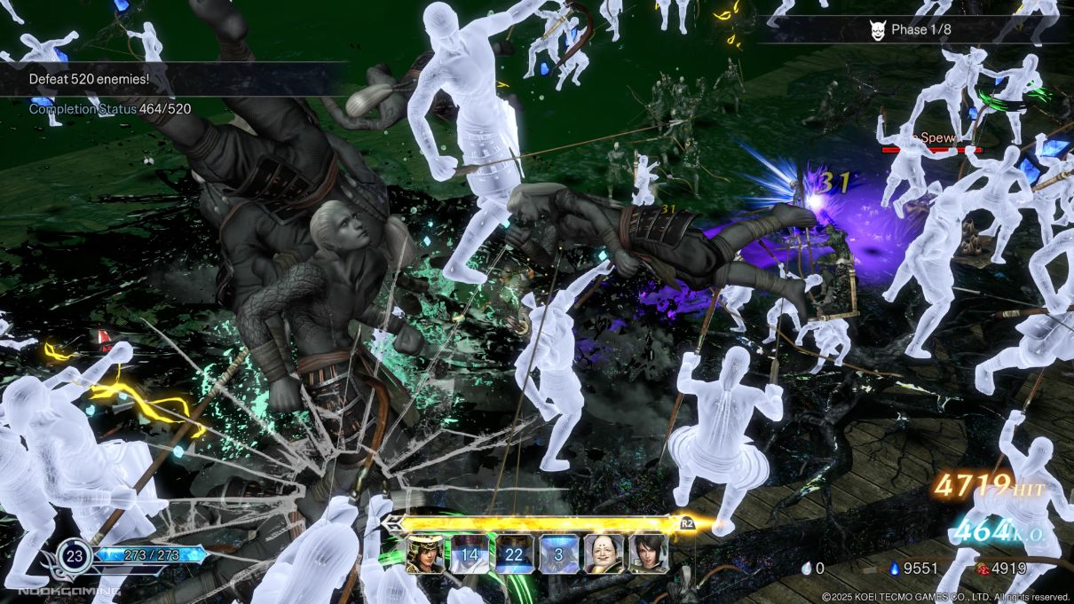 Combat scenario with large floating waves of ghostly looking enemies