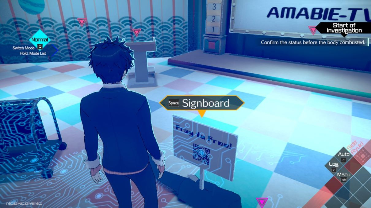 Ryuki investigating murder scene in AI: The Somnium Files – Nirvana Initiative