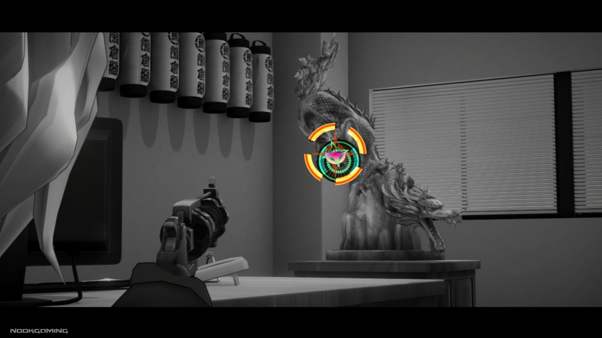Date shooting a gun at an object in an action scene in AI: The Somnium Files 