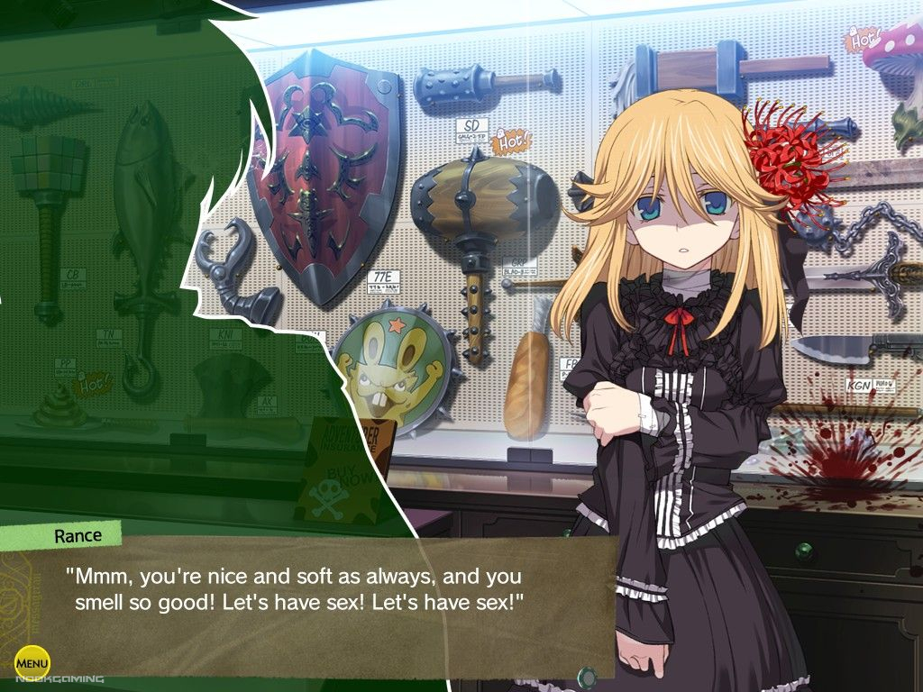 Rance speaking to the staff in a weapon shop in his usual manner