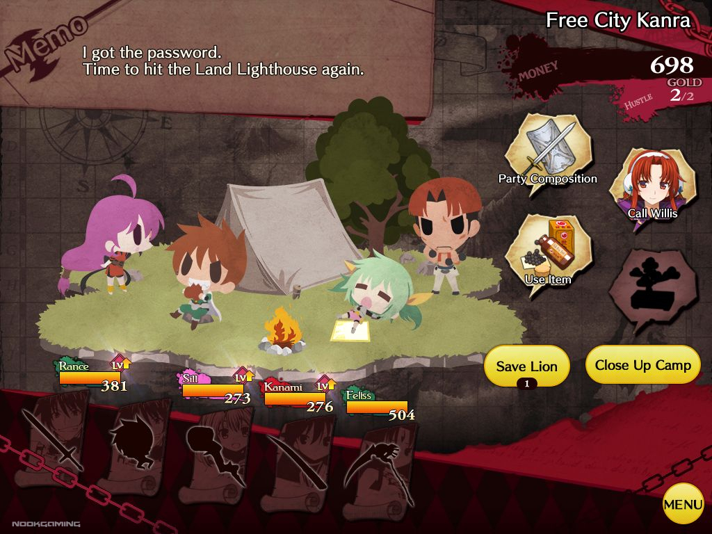 Camp menu in Rance 03 - The Fall of Leazas