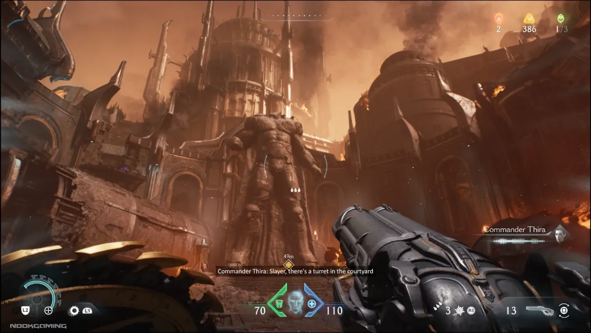 Pointing a gun at a statue in Doom: The Dark Ages