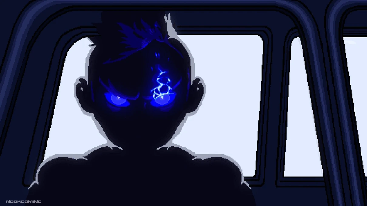 Shadowy figure with glowing blue eye