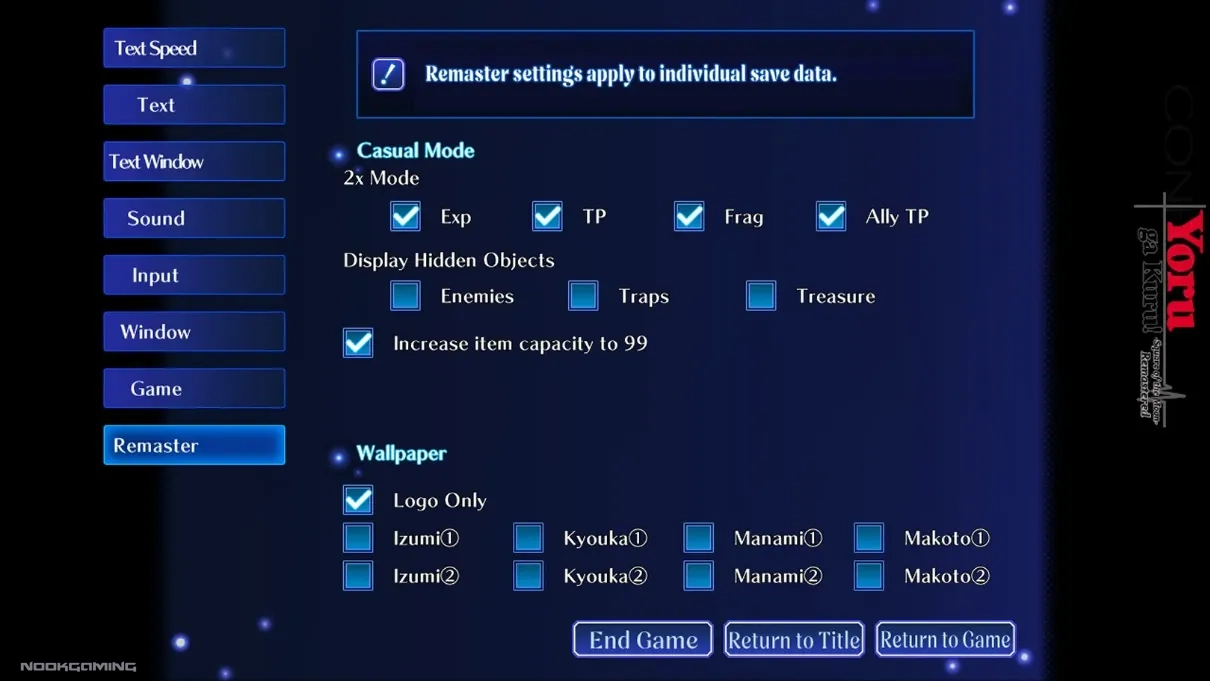 remaster settings and casual mode in Yoru ga Kuru! -Square of the Moon- Remastered