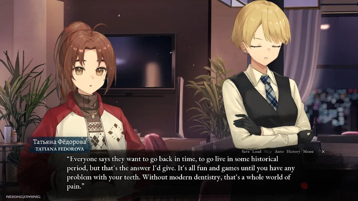 Shino discussing the past with a confidant (Tatiana) in A Tithe in Blood