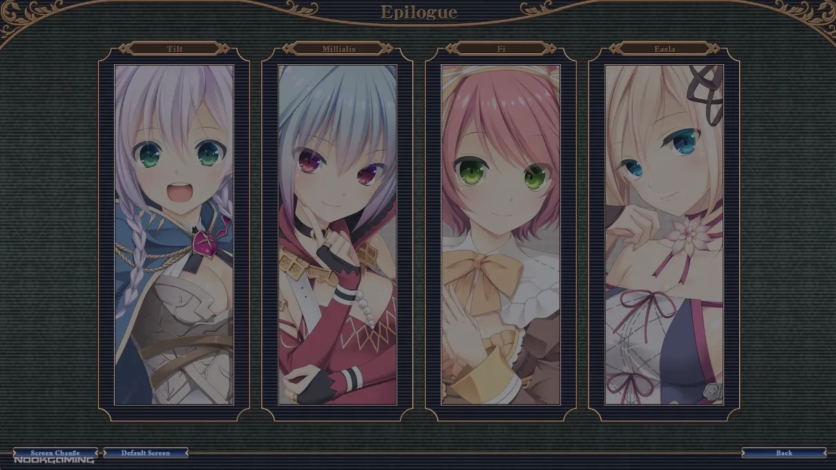 The four heroines of The Pillagers of Raillore in the epilogue menu