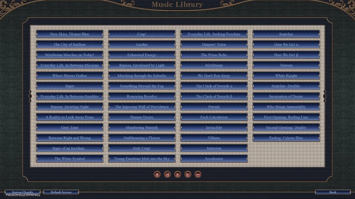 Music library menu in The Pillagers of Raillore