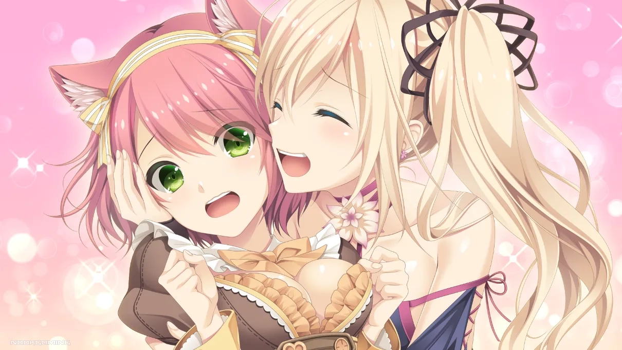 Heroines Fi and Easla in a slightly lewd hug