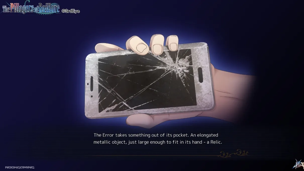 An Error character pulling out a broken cell phone, a "relic"
