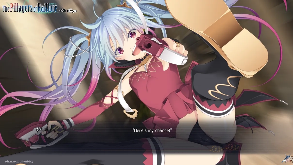 Action shot of heroine (Millialis) in The Pillagers of Raillore