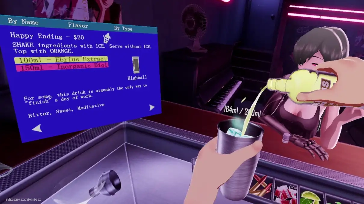 Mixing drinks in PROJECT MIX: VR Cyberpunk Bartending