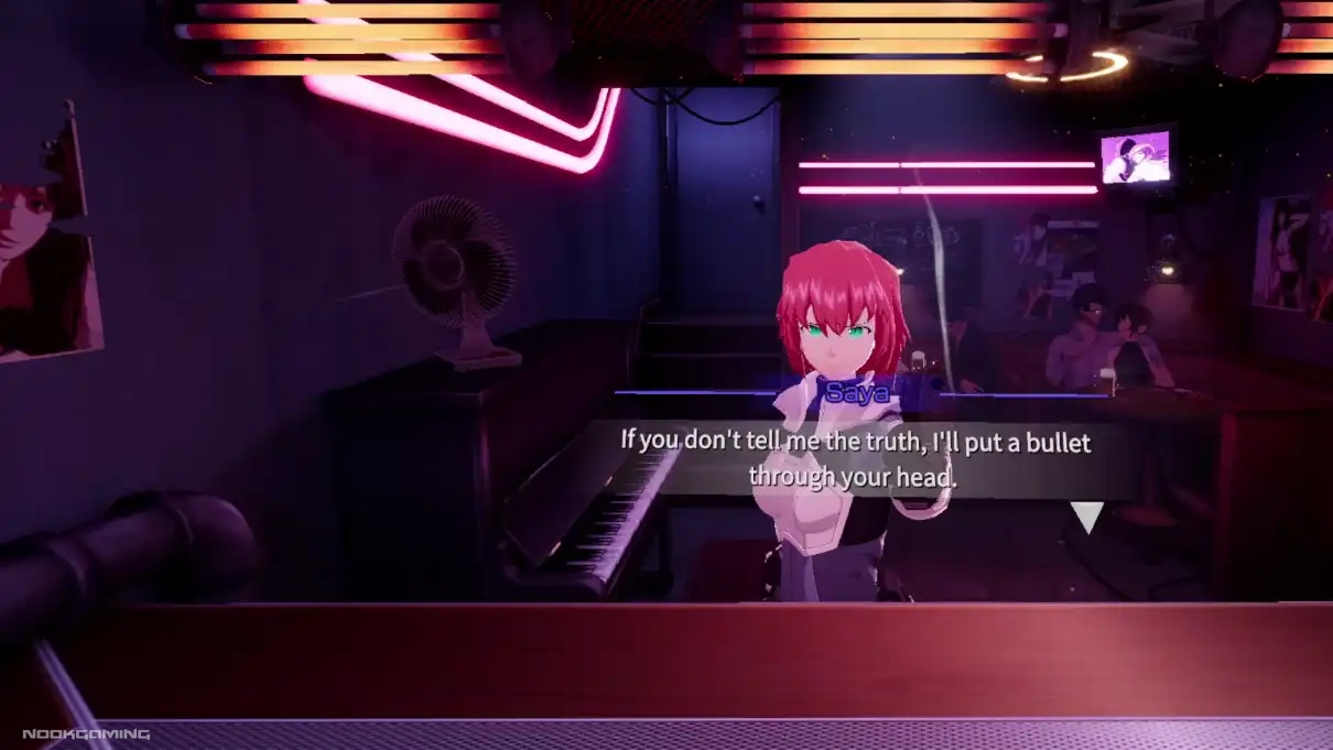 Salmon-haired girl pointing a gun at the player