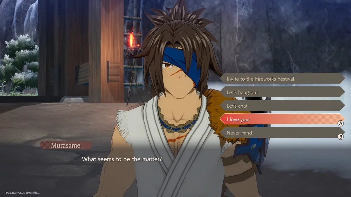Various text prompts in an NPC conversation including "let's hang out" and "I love you!"