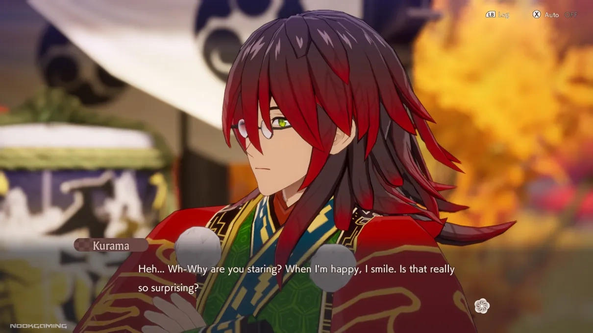 Cutscene of a lightly frowning character (Kurama)