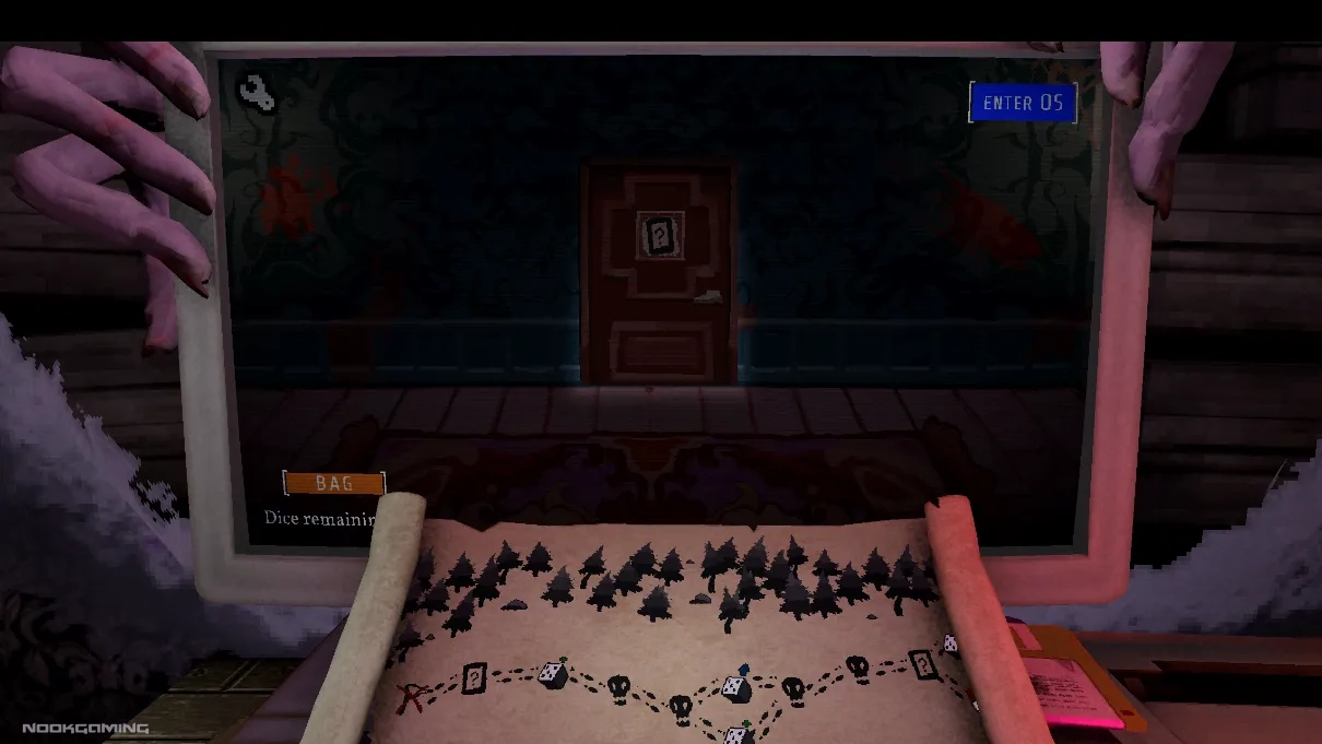 In front of the monitor in Die to Play
