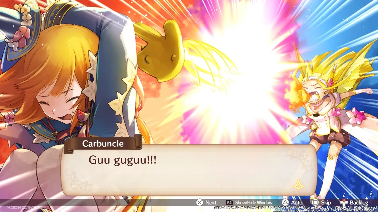 Fia watching her pal Carbuncle fight with an angry Eska