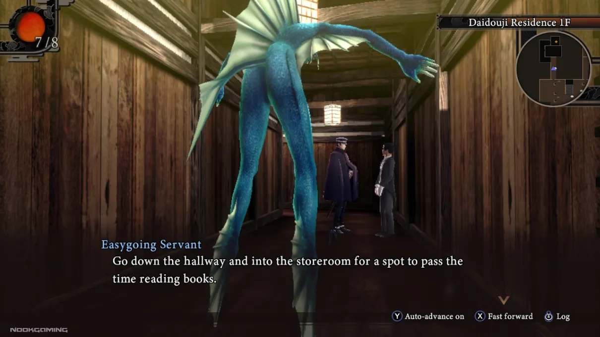 Receiving directions in a building with a strange demon in the foreground