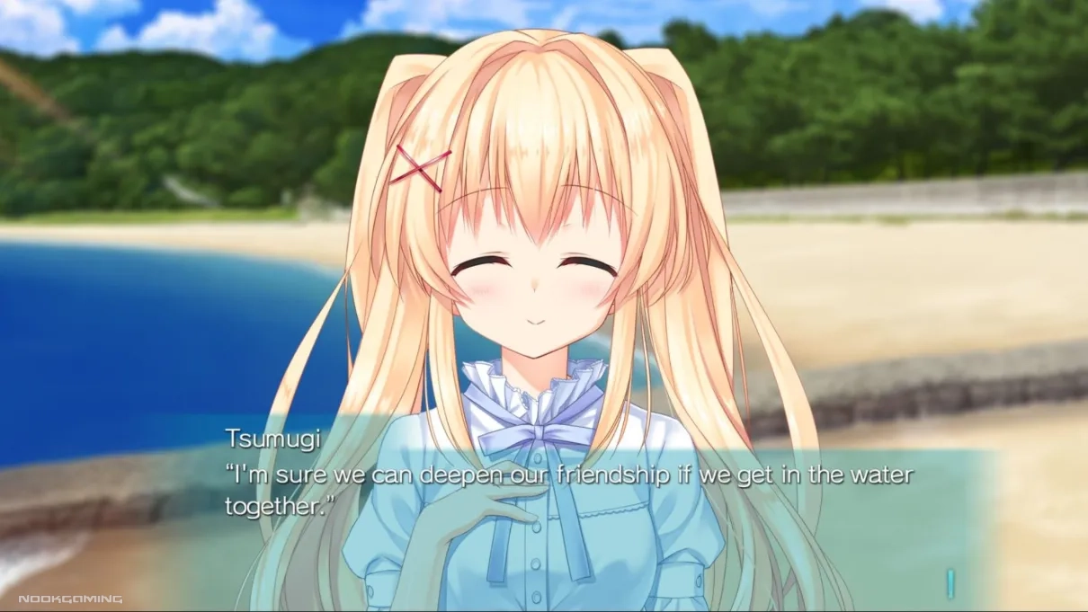 Tsumugi encouraging Hairi to get into the water