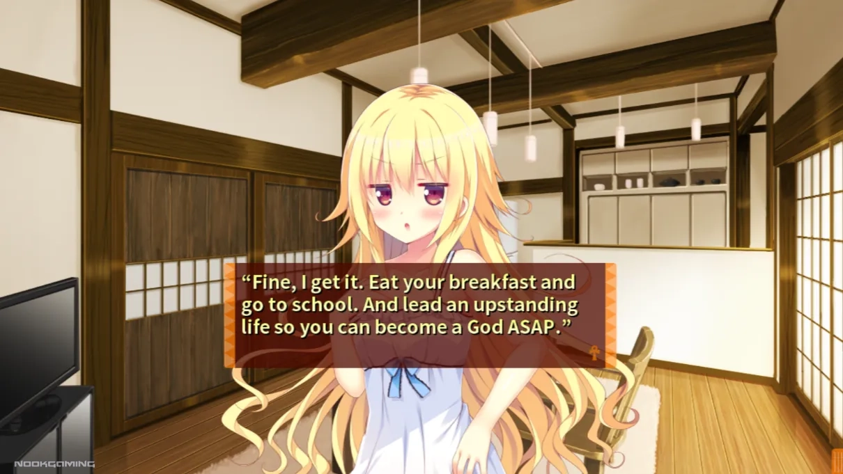 Yomegami: My Sweet Goddess! showing Iris encouraging Hayato with a pouty face