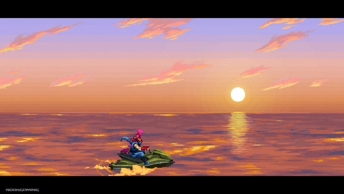Jetskiing in front of a sunset background in Ninja Gaiden: Ragebound