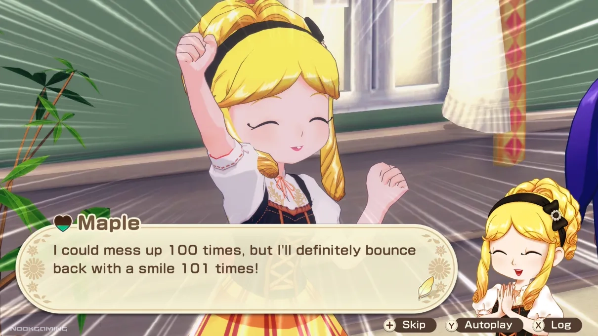 Maple the enthusiastic maid being cheery and picking herself up