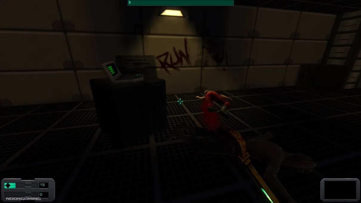 Warning message on the wall telling the player to RUN