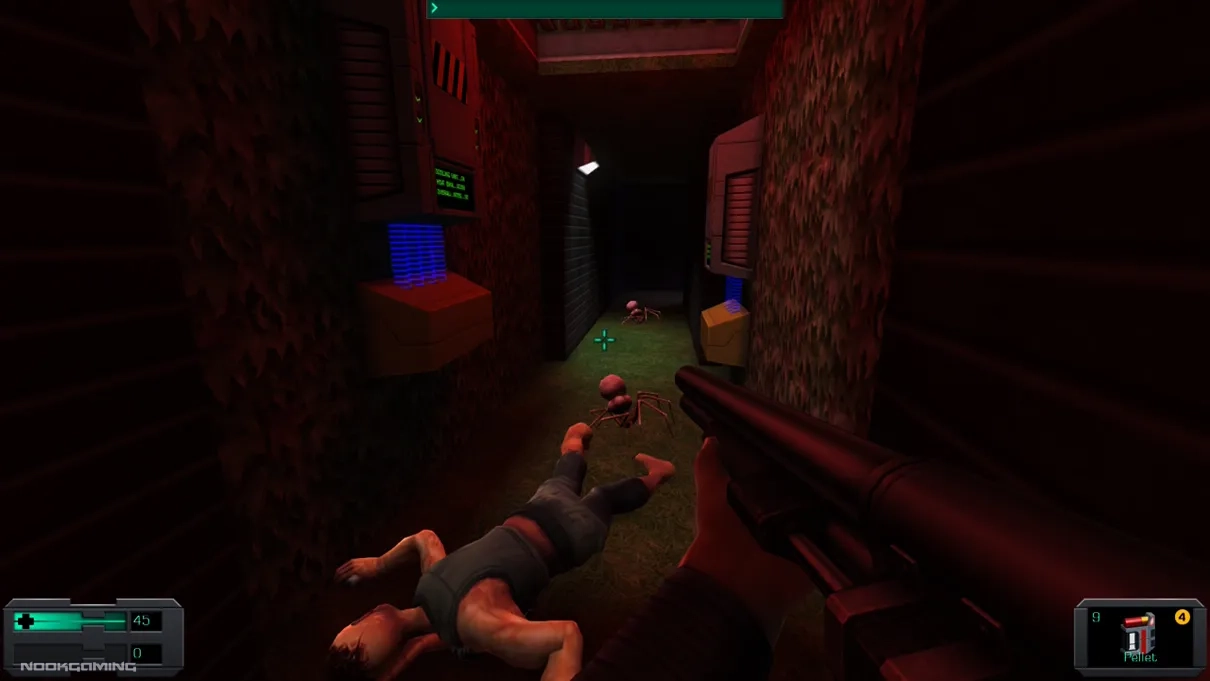 Hallway with spider-like enemies