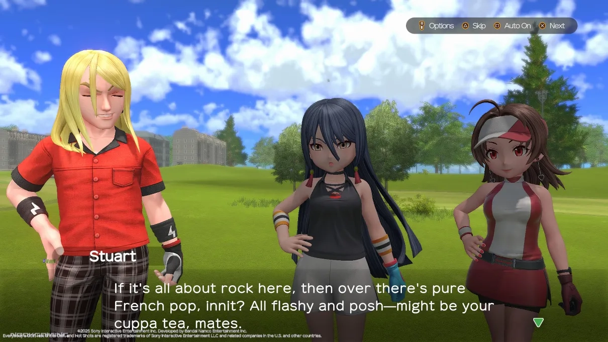 Cutscene from story mode of Everybody's Golf Hot Shots with British accent in text