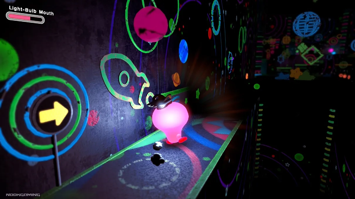 Kirby using the light bulb in a space themed area