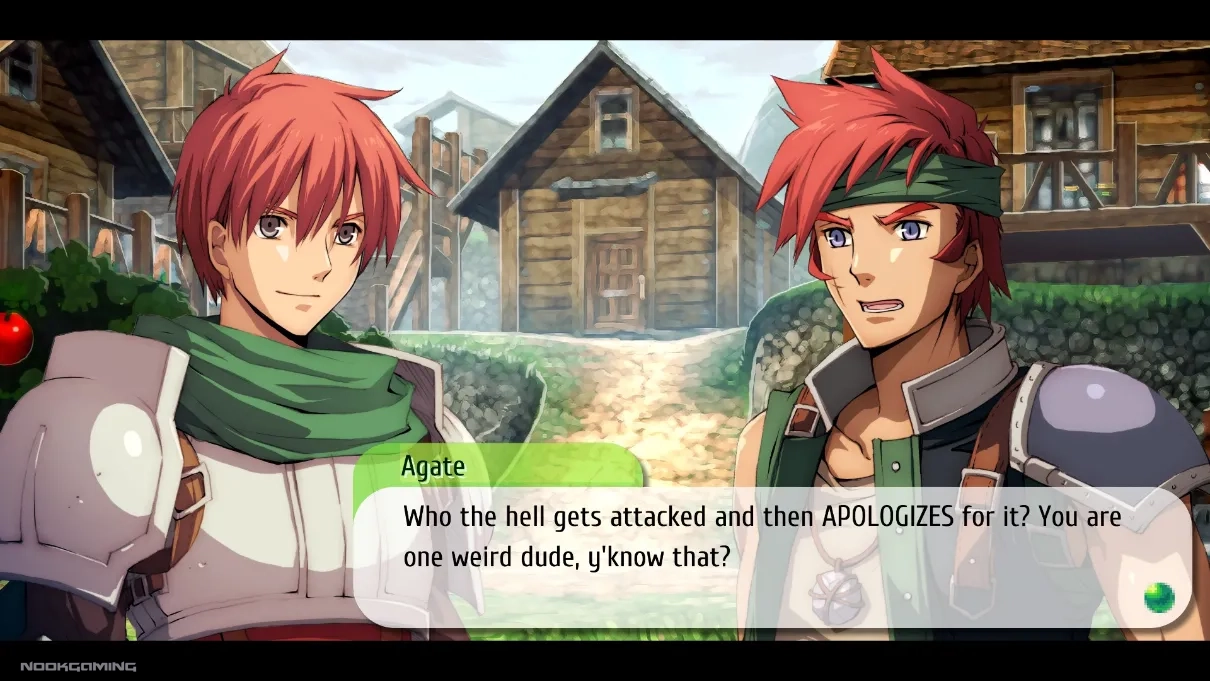 Redhead swordsmen Adol and Agate talking