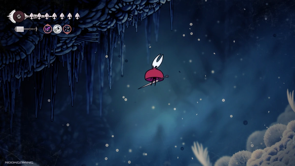 Floating down Mount Fay in Hollow Knight: SIlksong