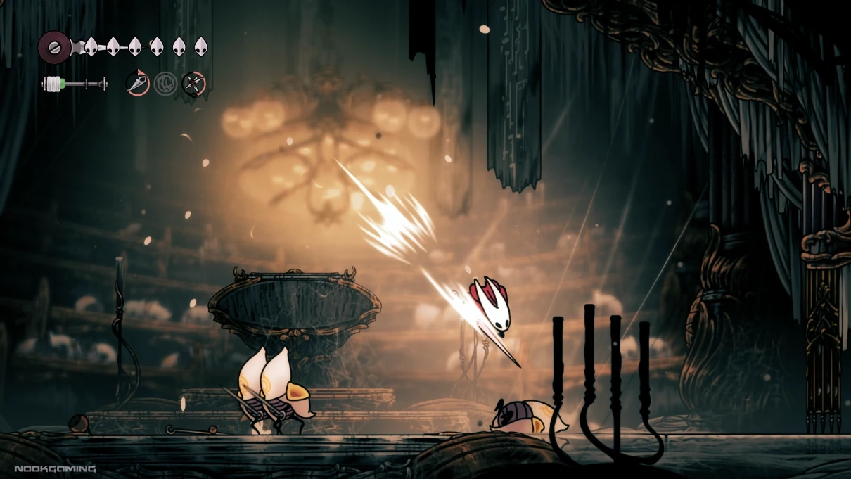 Fighting a wave of enemies in Hollow Knight: SIlksong