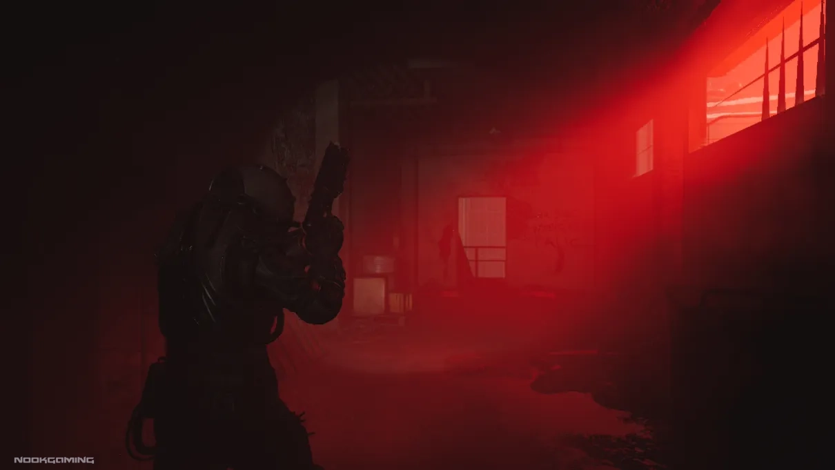 Sneaking with red light shining through