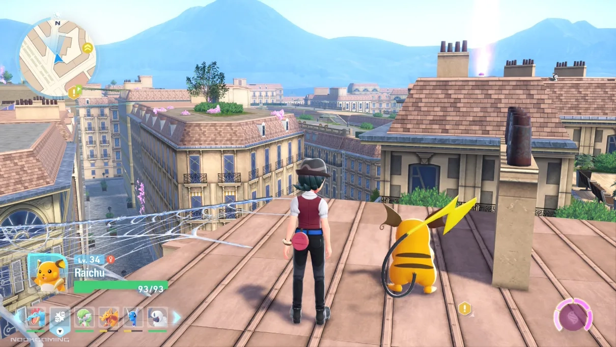 Atop a roof with a Raichu in Pokémon Legends: Z-A