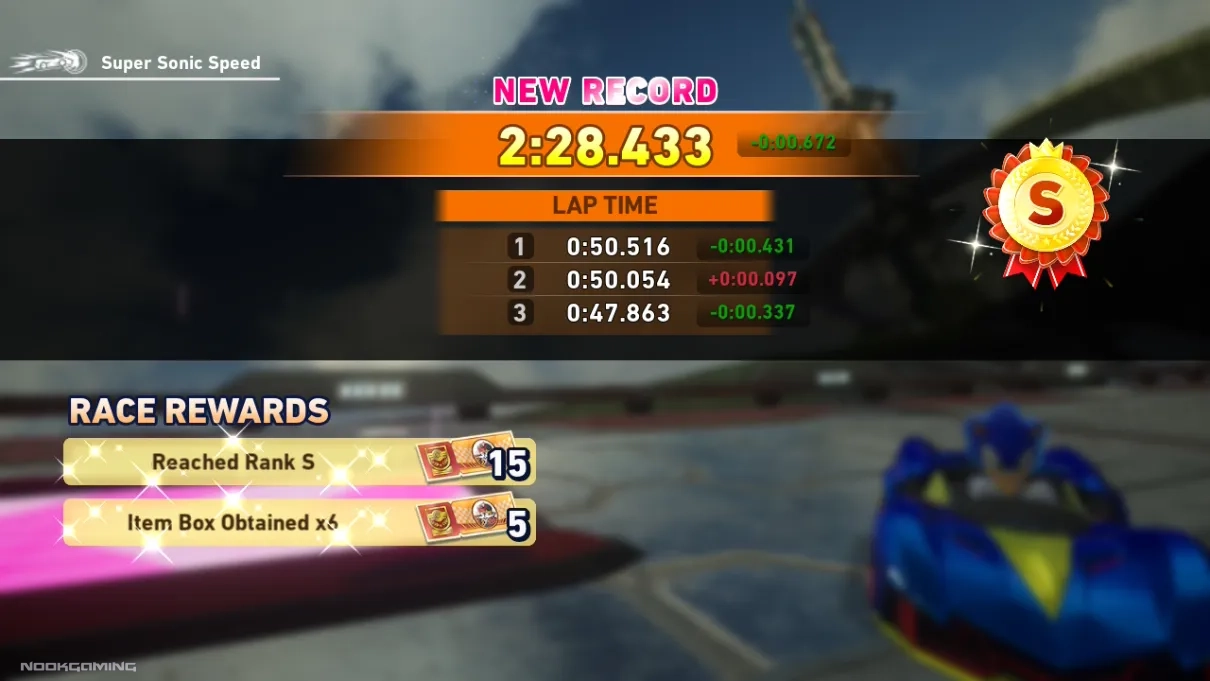 Finishing a race in Sonic Racing: Crossworlds with an S Rank